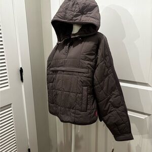 Quilted Hooded Jacket in Charcoal Grey with Pink Logo